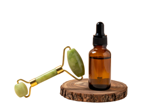 Jade Facial Roller and Essential Oil Bottle – Spa and Skincare Concept Transparent Background
