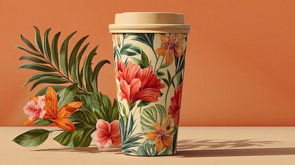 Vibrant Floral Coffee Cup with Tropical Leaves Against a Warm Orange Background