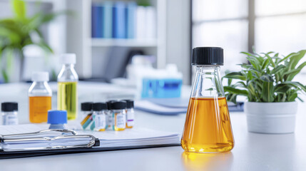 Laboratory equipment glassware chemical analysis orange liquid research workspace scientific study plant decoration modern office