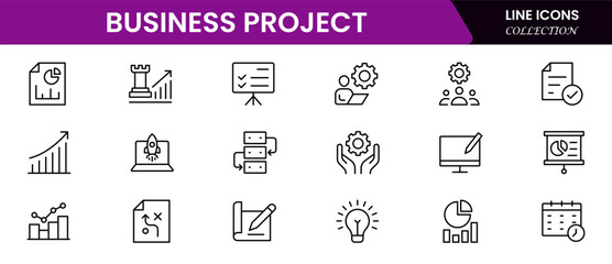 Business set of web icons in linear style. Business Project icons for web and mobile apps. Business, organisation management, planning, project, startup, marketing, teamwork. Vector illustration
