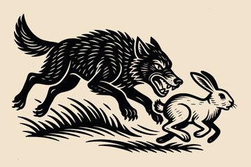 Wolf chasing hare in vintage engraving style