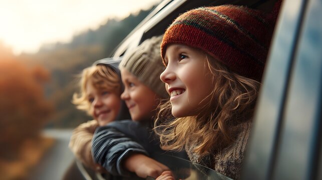 Three children looking out of a car window during a road trip on a sunny day in the countryside