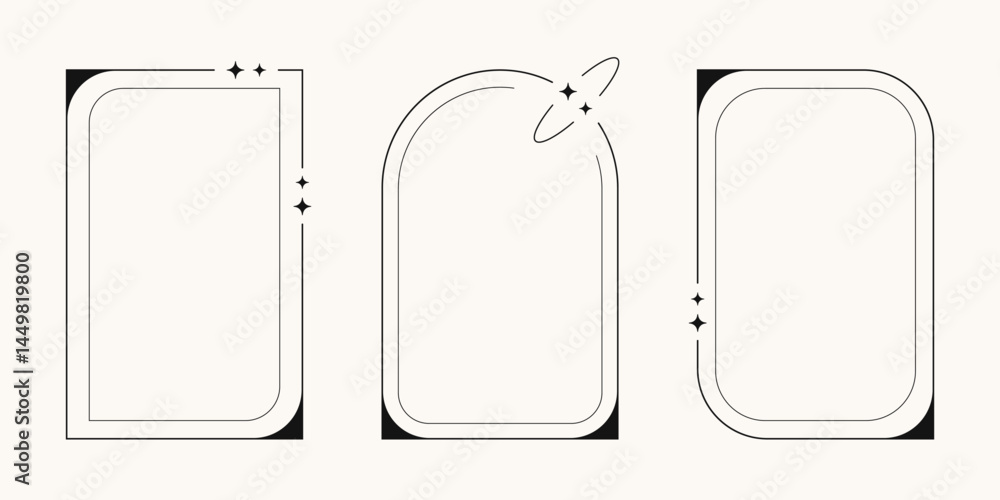 Poster retro y2k arcs and windows, futuristic abstract frames and empty backgrounds with blinking stars. ve