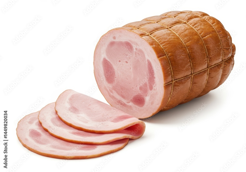 Poster sliced ham roll with netting and three slices arranged on a white surface in a studio shot