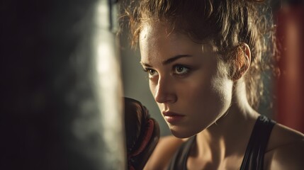 Intense female boxer training with punching bag in gym with determined expression on her face