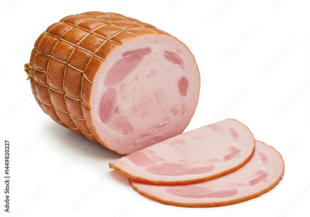 Poster sliced cooked ham roll with netting and two slices in front on a plain white background for food pro
