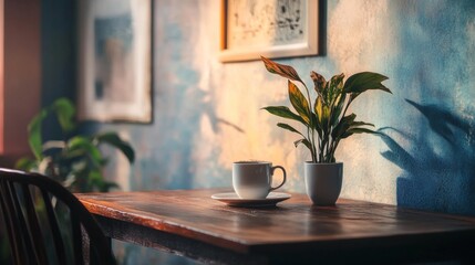 Cozy cafe corner with wooden table and framed wall art