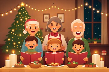 Multi-generational family enjoying stories and laughter during a Christmas dinner. Parents and children singing carols, dancing around the table, and celebrating together.