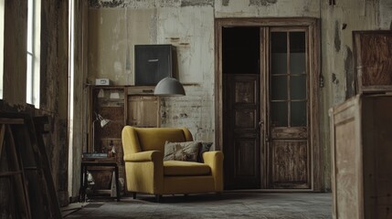 Rustic living room with worn walls and yellow chair