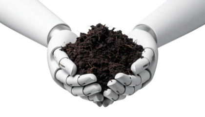 A pair of advanced robot hands cradling soil, cleanly isolated on a pure white background