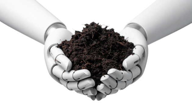 A pair of advanced robot hands cradling soil, cleanly isolated on a pure white background