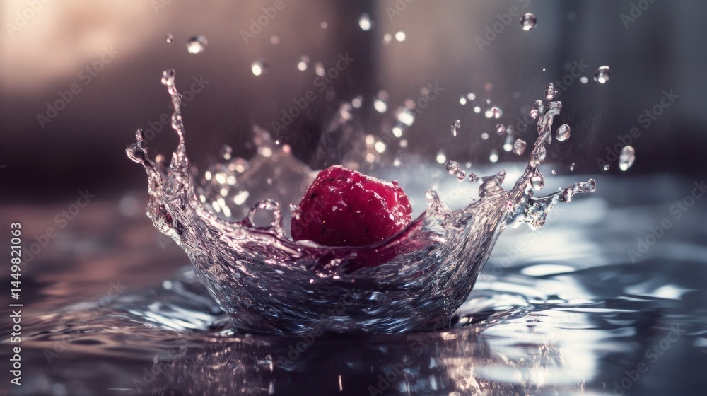Poster raspberry splashing into clear water with droplets