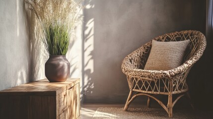 Wicker chair in rustic room with dried grass and sunlight