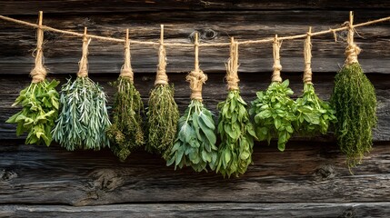 Hanging bunches of herbs on a rope against a rustic wooden wall in a vintage style setting