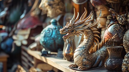 Fototapeta premium Fantasy figurines of dragons on wooden display shelf