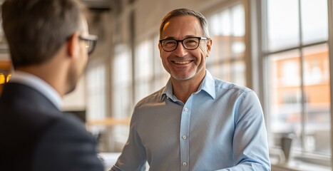 Confident Businessman Smiling and Shaking Hands in Modern Office Setting