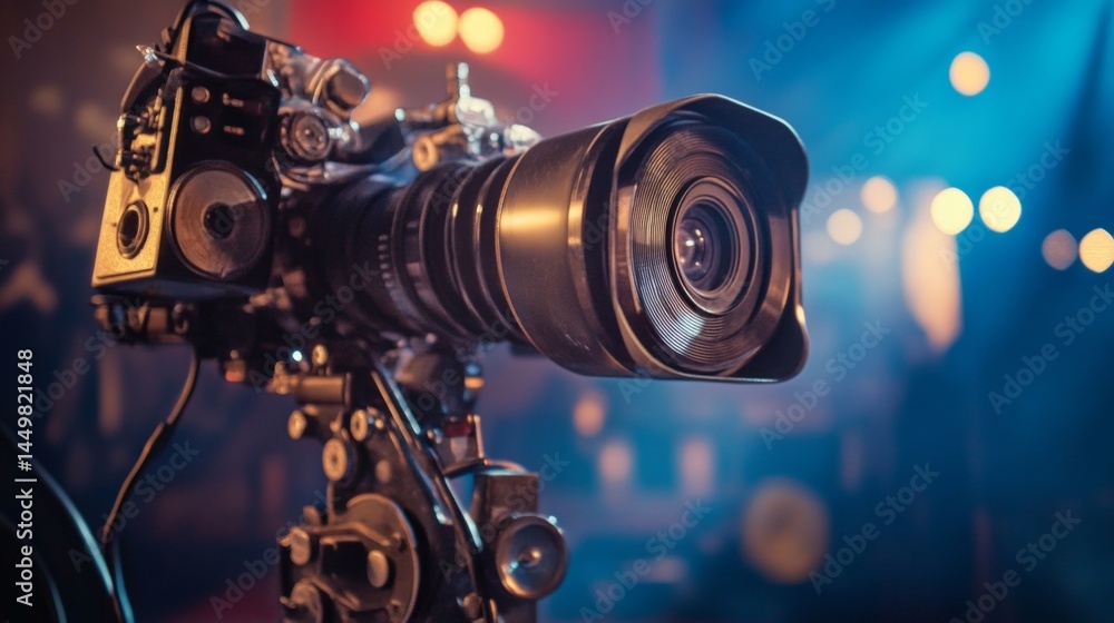 Poster camera on tripod with creative bokeh lighting in studio