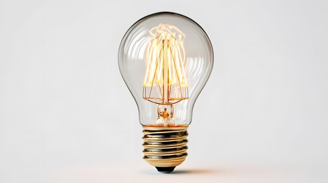 A close up shot of a glowing lightbulb with a clear glass casing on a white background studio shot