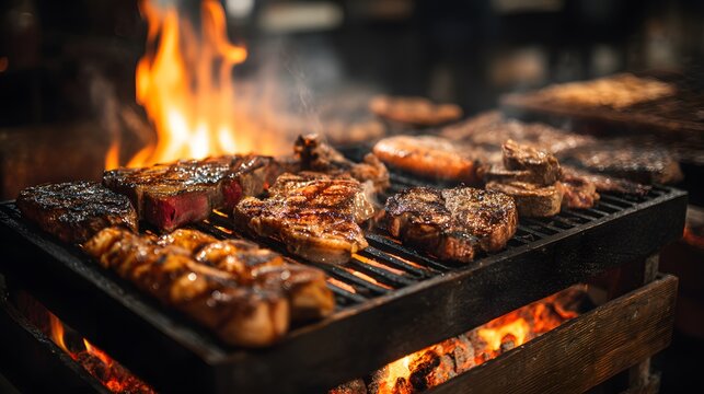 A close up of various cuts of steak grilling over an open flame on a metal grate barbecue grill