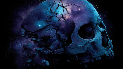 Futuristic Skull with Space Background a high-resolution, conceptual visual design ideal for use in digital media, stock content, or educational and marketing applications.