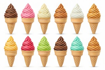 Large selection of ice cream cones in different flavors, isolated on a white background.