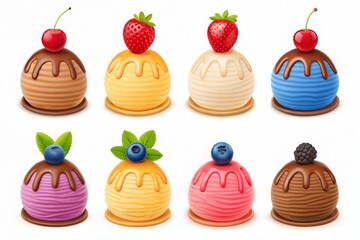 Assortment of ice cream scoops decorated with fruits and syrups, isolated on white background.