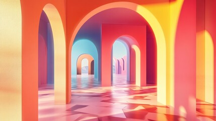 Fototapeta premium Colorful arched hallway with sunset reflections on floor
