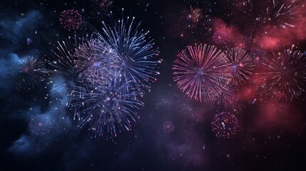 Fototapeta premium Vibrant fireworks explode in a night sky, painting the darkness with bursts of purple, blue, and red.