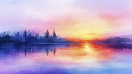 Fototapeta premium serene watercolor landscape featuring tranquil lake at sunset, with vibrant hues of orange, pink, and purple reflecting on water surface