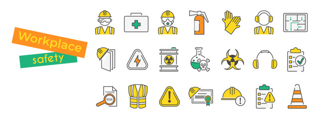 Set of vector safety icons in yellow and green colors. Health and safety topics in the workplace. Includes accident prevention, industrial protection and work related hazards in a modern flat style.