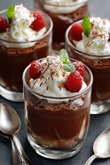 Decadent Chocolate Custard with Whipped Cream and Raspberries - National Chocolate Custard Month