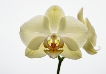 Close-up of a delicate pale yellow orchid blossom with intricate details against a bright white background