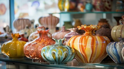 Fototapeta premium Ceramic artisan pots on table with bright painted designs