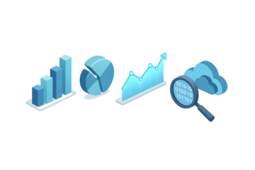 Set of data analytics icons including bar chart, pie chart, line graph, binary code, and cloud storage, isolated on transparent background