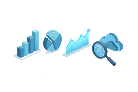 Set of data analytics icons including bar chart, pie chart, line graph, binary code, and cloud storage, isolated on transparent background