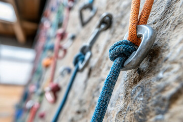 Climber skillfully ascends a challenging rock wall in a vibrant indoor climbing gym during training session