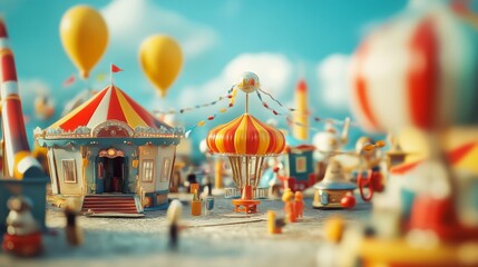 Miniature amusement park with colorful balloons and rides