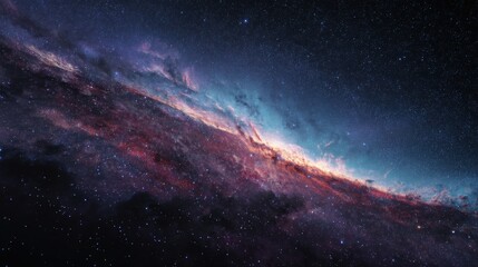 A breathtaking view of a vibrant nebula, swirling with cosmic dust and gas in hues of purple, pink, and teal.  The vast expanse of space is studded with countless stars.