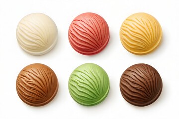 Set of five assorted ice cream scoops featuring vanilla, strawberry, caramel, pistachio, and chocolate, isolated on a white background.