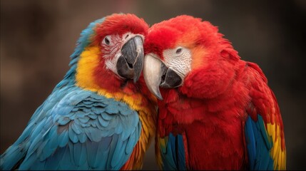 Fototapeta premium Intimate Portrait: Scarlet Macaw Couple's Tender Nuzzle