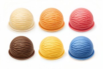 Set of five ice cream scoops in different flavors, including vanilla, strawberry, chocolate, mango, and blueberry, isolated on a white background.