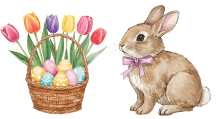 Bunny gazes at basket of Easter eggs and tulips