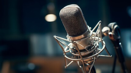Close up shot of a silver microphone with a mesh head in a recording studio environment setting
