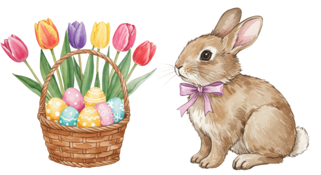 Bunny gazes at basket of Easter eggs and tulips