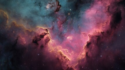 Fototapeta premium A breathtaking view of a nebula, showcasing vibrant hues of pink, purple, and teal, speckled with distant stars. A cosmic masterpiece.