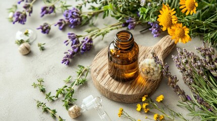 Obraz premium Essential oil bottle with wild herbs and wooden background