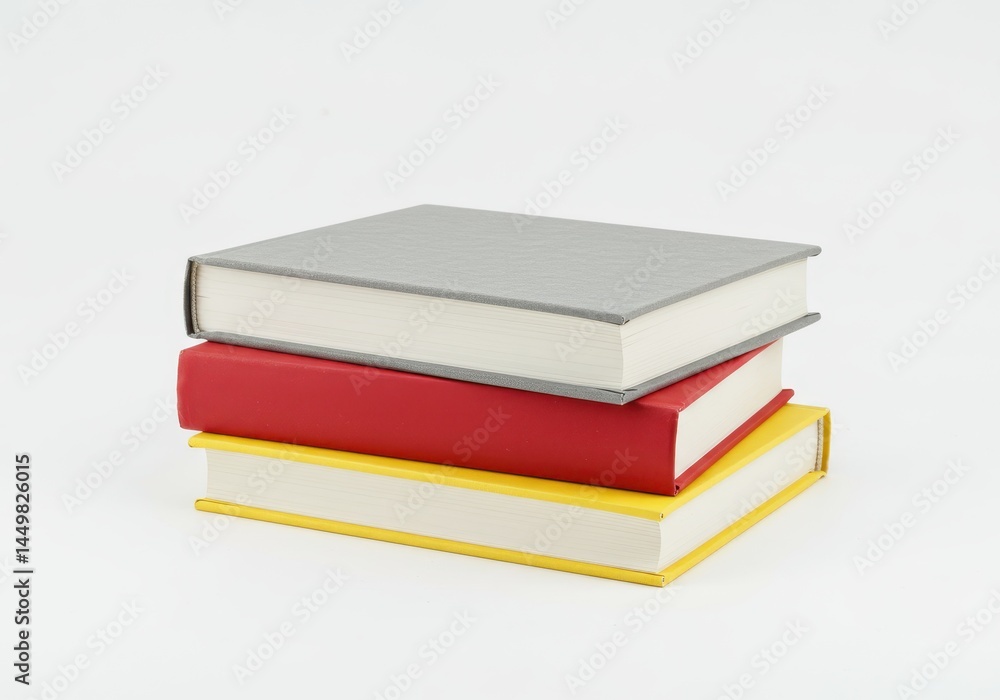Poster stack of three closed hardcover books in gray, red, and yellow on a white background in a simple com