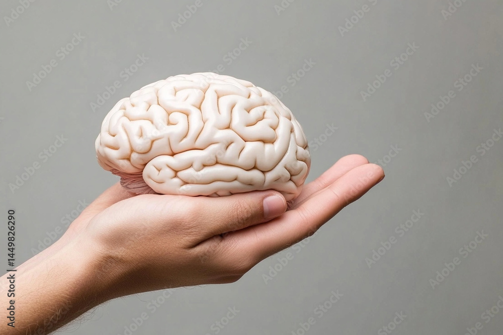 Poster person interacts with brain-computer interface to explore cognitive technology advancements and enha