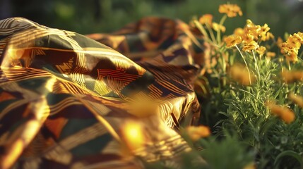 Traditional Kuba cloth on golden marigolds, celebrating Congo's cultural heritage.