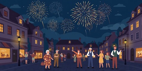 Fototapeta premium People Watching Firework Display in Town Square at Night